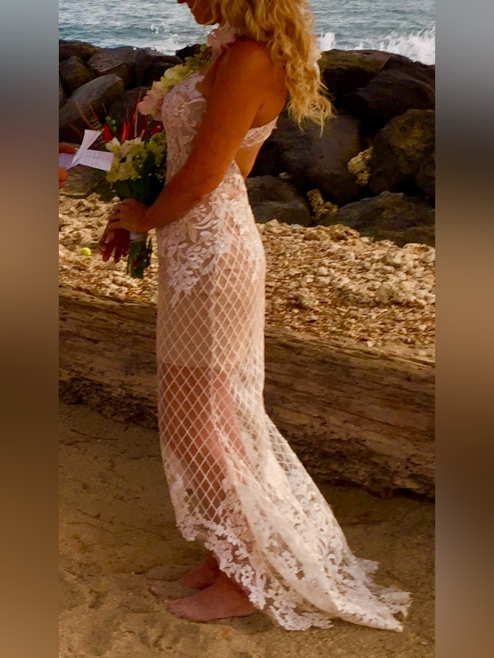 Dave & Johnny Nude and Ivory Lace Halter Evening Dress